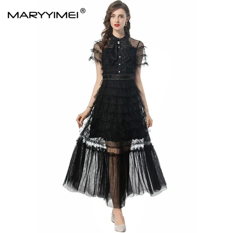 MARYYIMEI Arco Beading Botão Em Camadas Babados Vestido Feminino de Manga Curta Malha Vintage Temperamento Vestidos de Baile de Verão