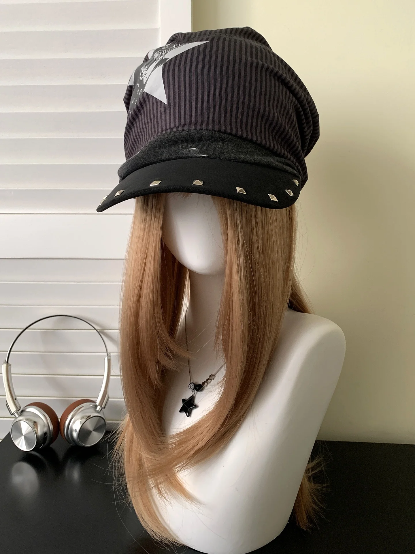 Color Block Stripe Guitar Print Rivet Beret Hat Women's New 2026 Unique Design Large Head Size Duckbill Cap Retro Style