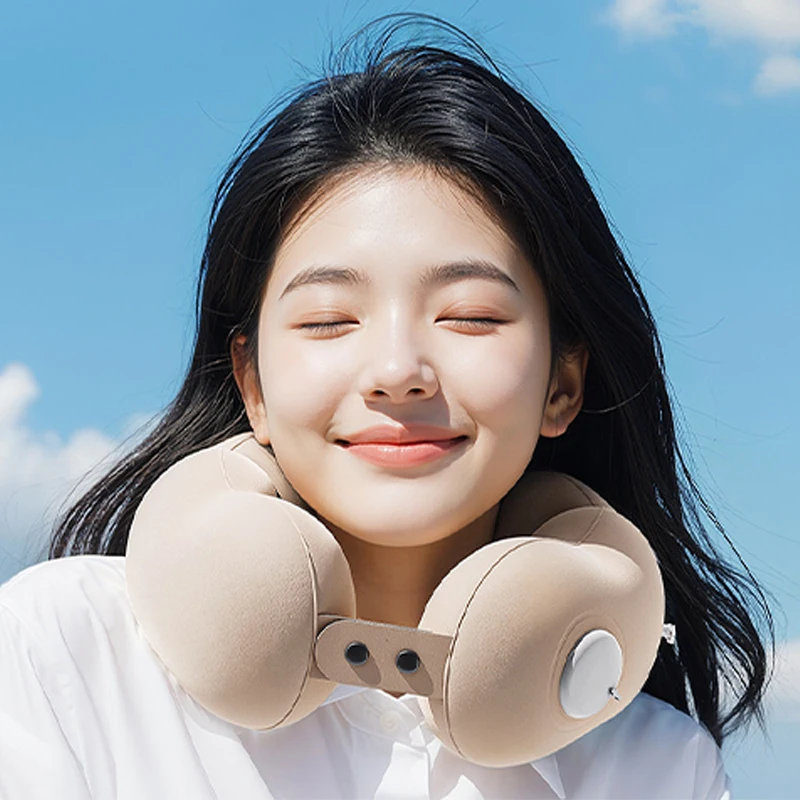 Portable Inflatable Neck Pillow Adjustable U-Shaped Pillow with Compression Storage Ergonomic Support for Office Nap Car Trip