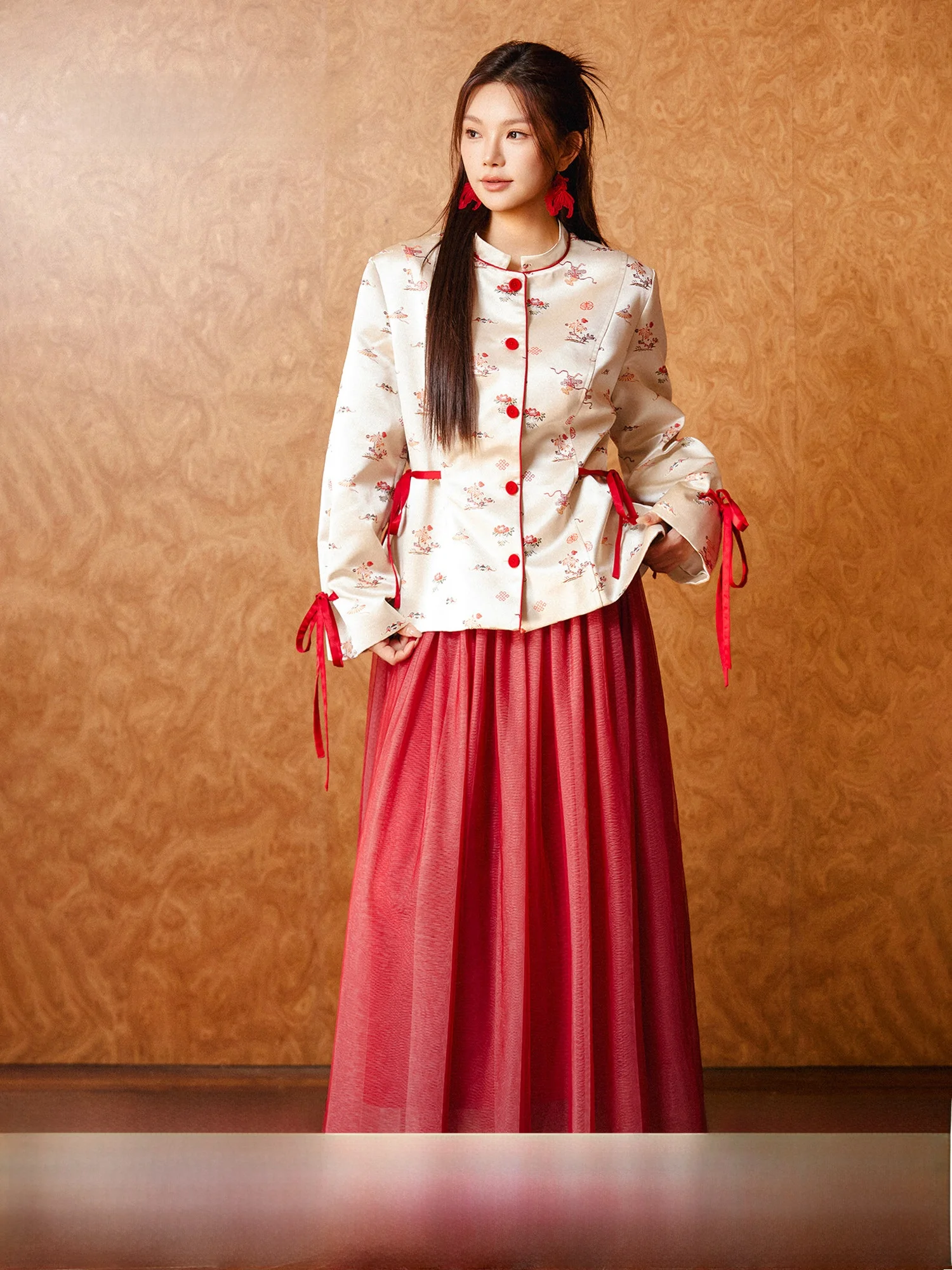 

Plusmall Warm Jade Lipsti Button New Chinese Sle Small Stand Collar Belted Embroidered Jaet Me f Skirt Set Women's...