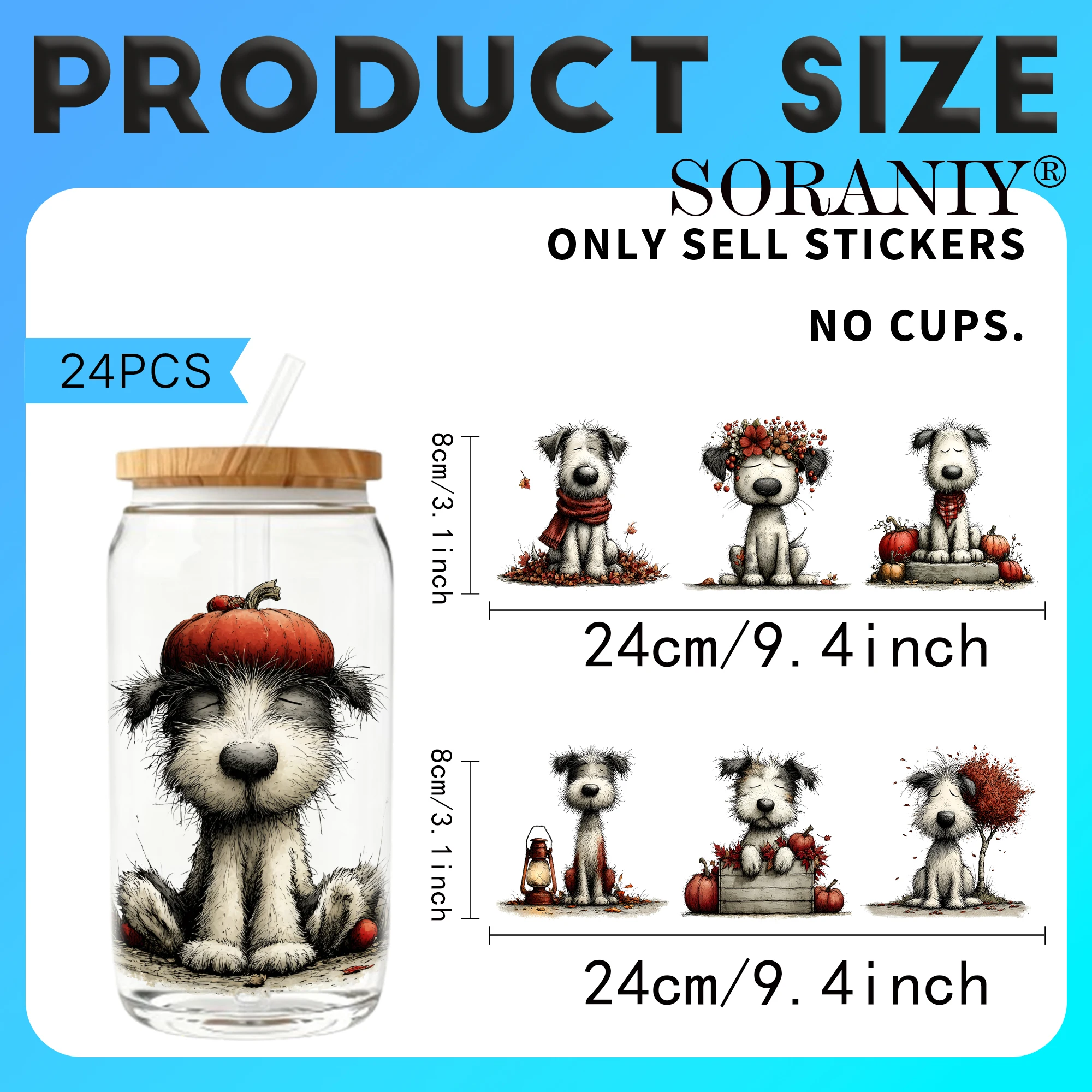 24PCS/Set Cute Autumn Harvest Dog Themed UV DTF DIY 16OZ Transfer Stickers Water Bottles Glass Bottles Laptops Home Decoration D