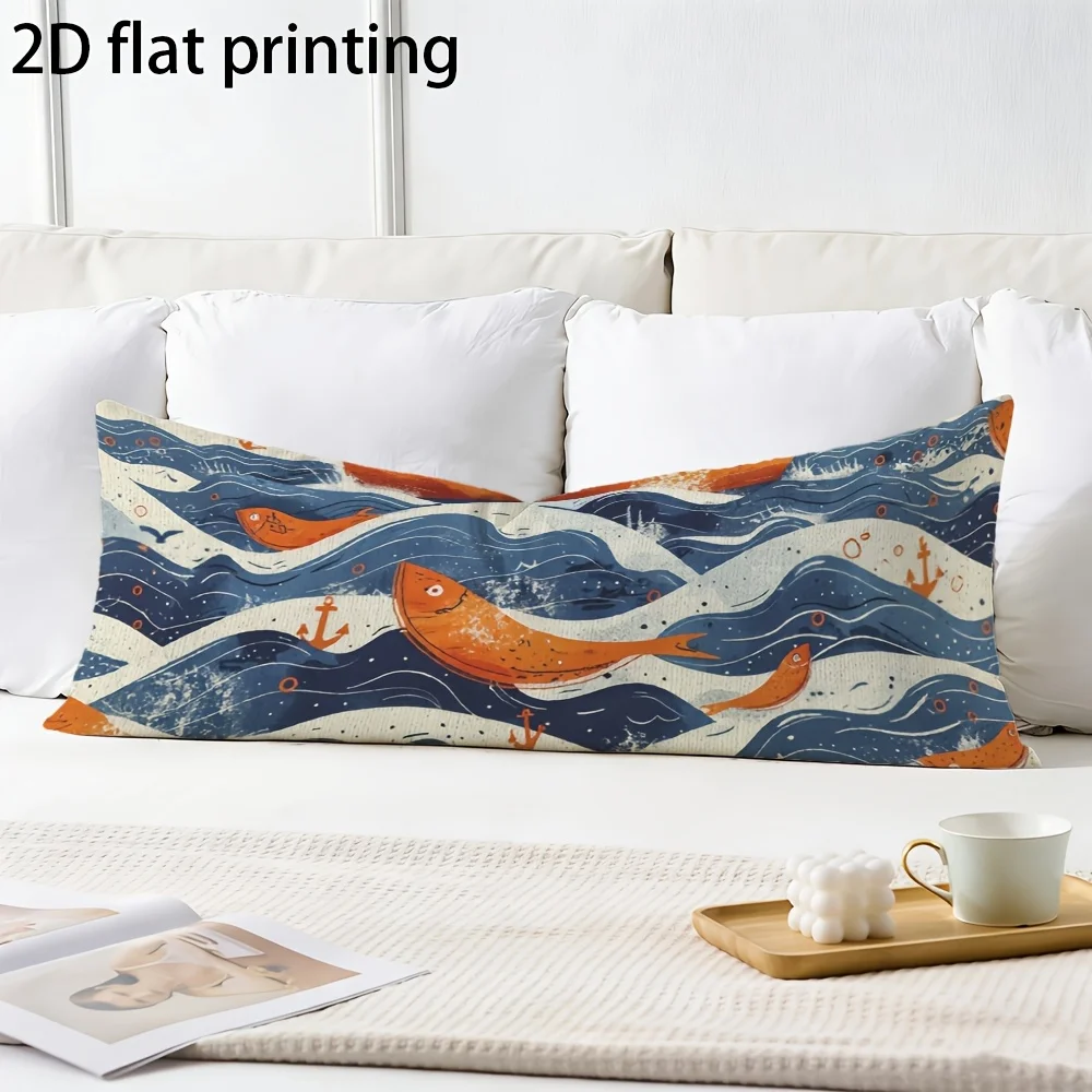 Long Pillowcase, 2D Printed Design Featuring Orange Fish Swimming in Blue Waves, Full-body Support Pillow Cover, Durable Fabric,