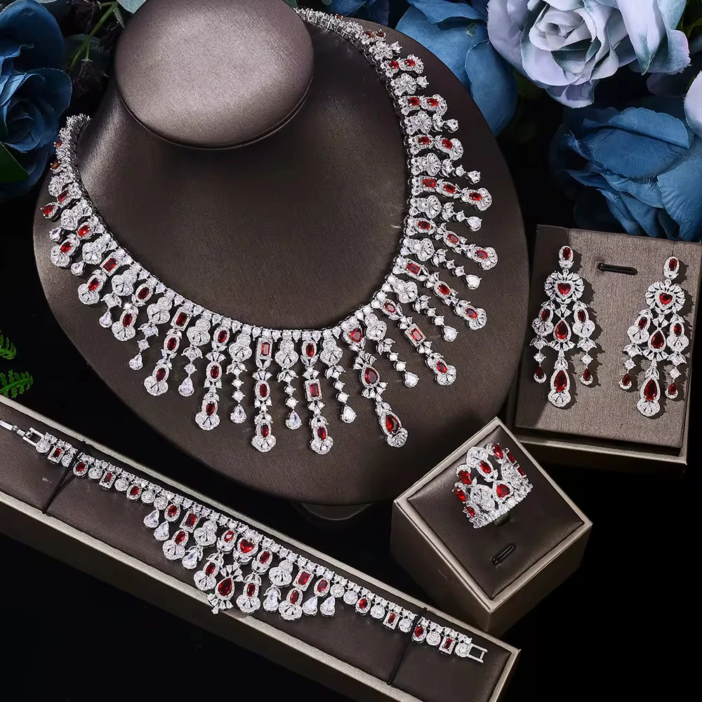 

HIBRIDE Luxury 4PCS Multicolor Women Bridal Necklace Earring Set CZ Dubai Nigeria Wedding Jewelry Accessories Bijoux Femme N-535