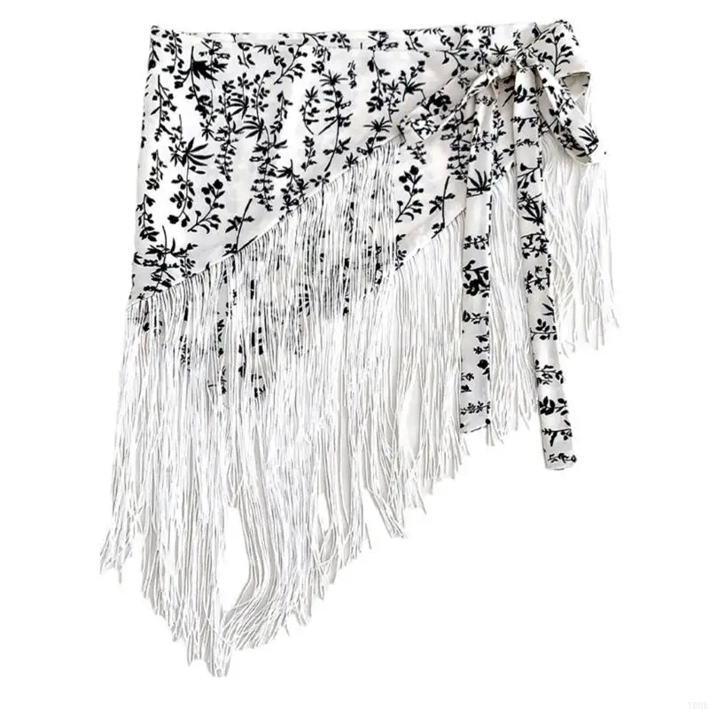 Patterned Waist Wrap Belt for Women, Fringed Scarf Accent Y08E