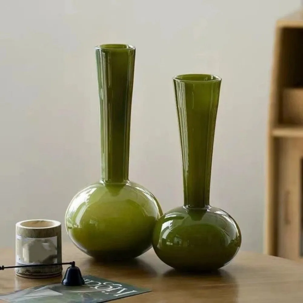 Olive Green French Vintage Vase Swan Neck Luxury Hydroponic Vase Unique Glass Dried Flower Vase Wedding Centerpiece