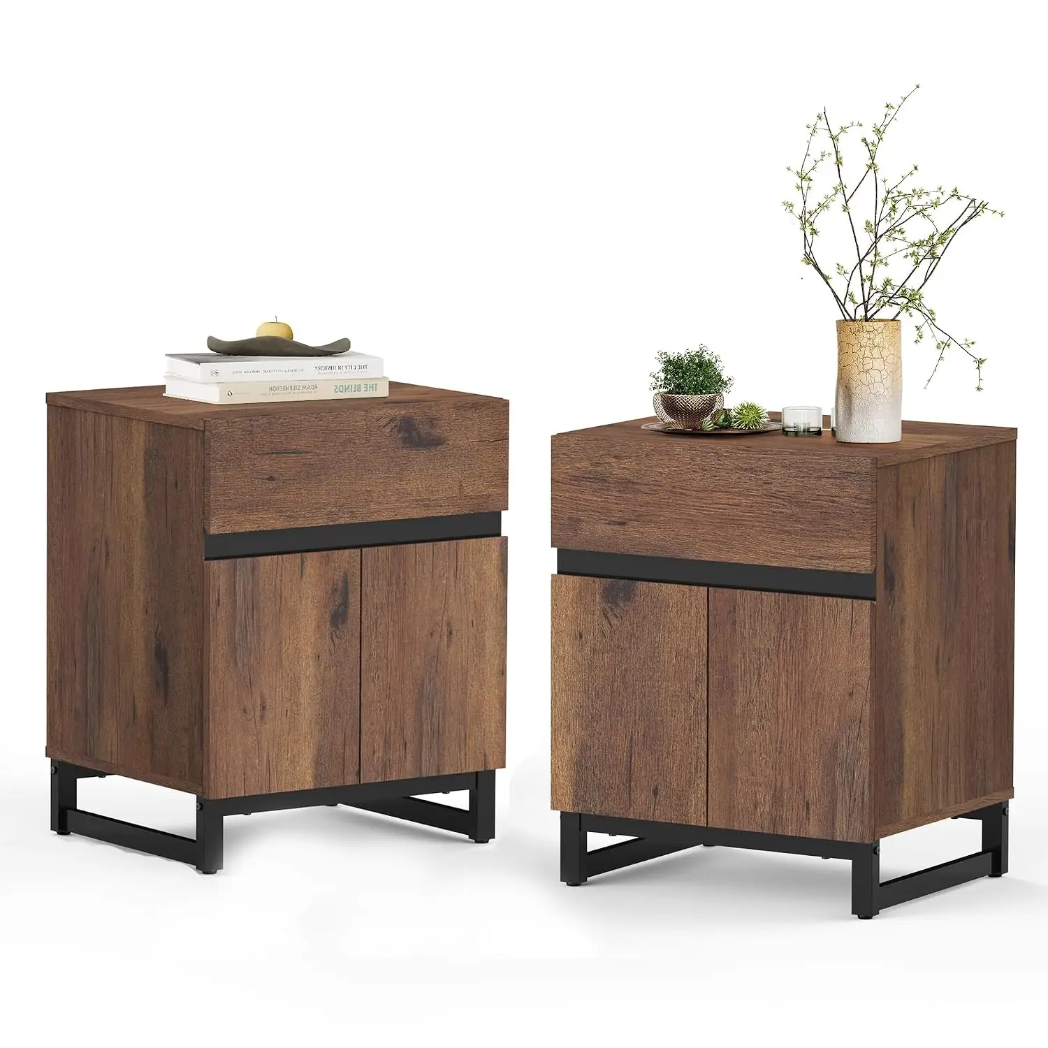 End Table 2-Pack with Drawer & Cabinet, Farmhouse Side Table Open Door, Wood Nightstand, 18.9x15.5x23.6in, Customized