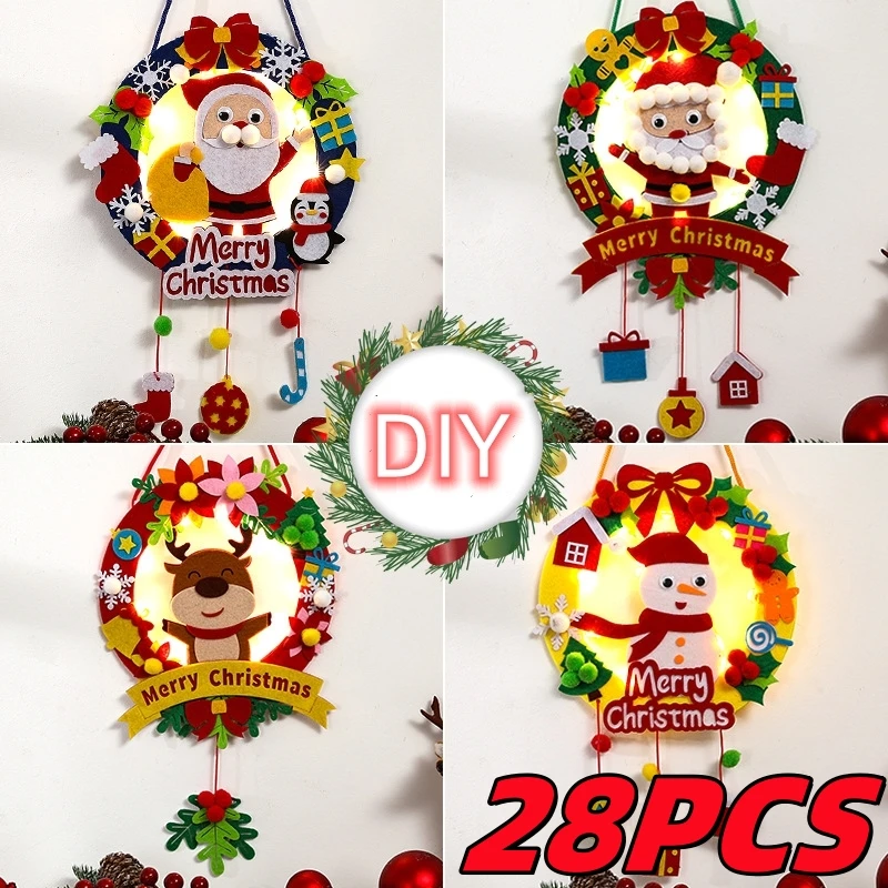 28PCS Christmas Felt Garlands Wreaths Christmas Craft Kits Hanging Wind Chime Display Stand Craft For Window Display Decor