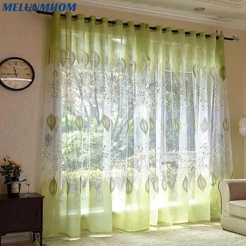 Green Burnout Leaves Organza Sheer Curtains for Living Room Window Tulle Voile for Bedroom Luxury Kitchen Curtains Home Textile