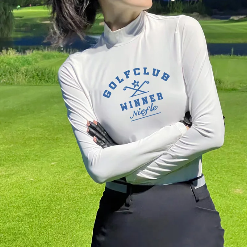 Golf Women's Autumn and Winter Long Sleeve T-shirt Round Neck Plus Velvet Warm Top Stretch Comfortable Outdoor Sports Jersey