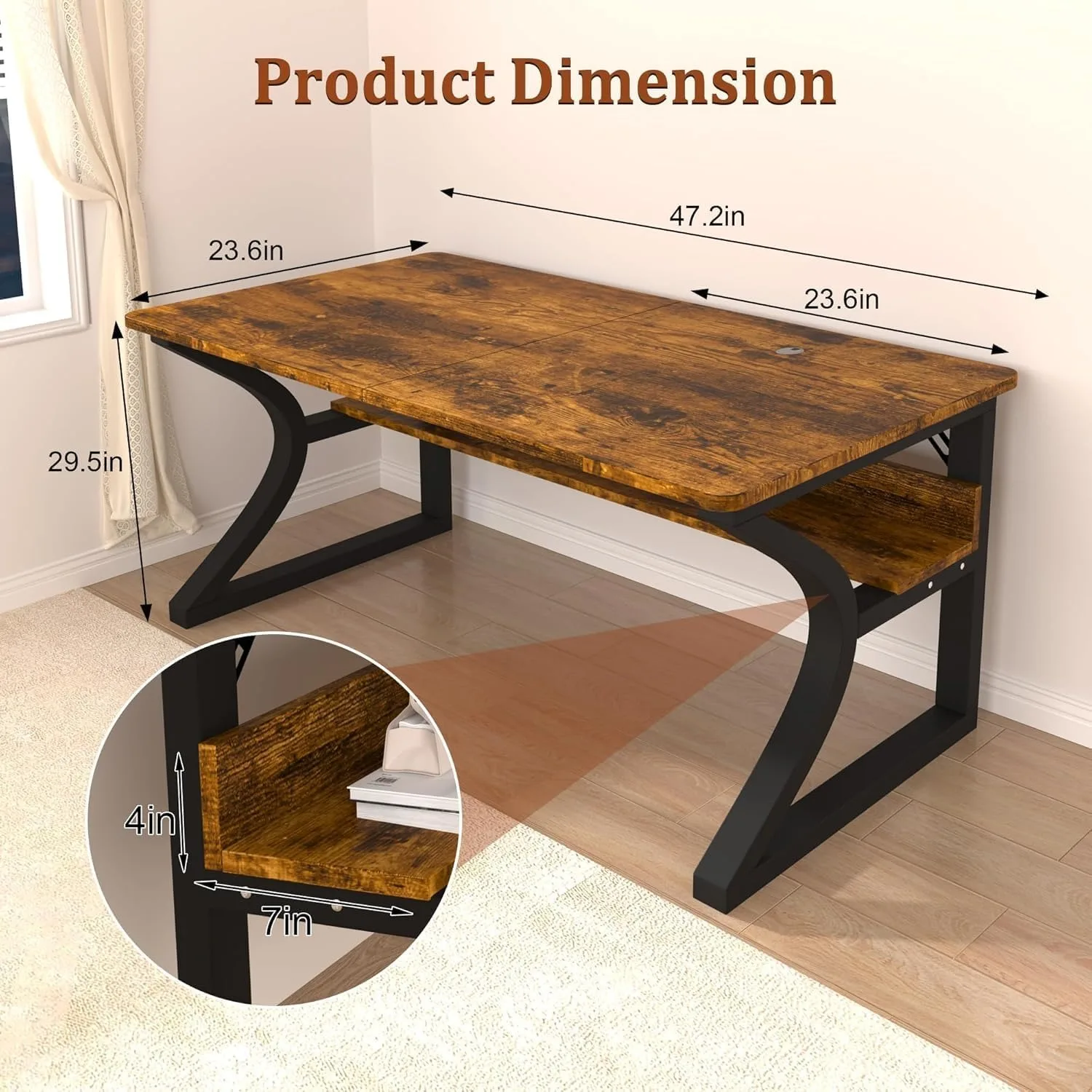 47 X 23.6'' Computer Desk, Home Office Desks w/Shelf Storage, Computer Desk w/Metal Frame, Cable Management, Study Student Desk Writing Work Table Deeper & Thicker Desktop for Home Bedroom