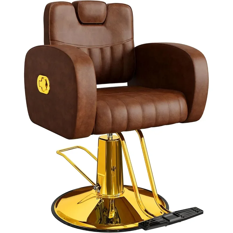 Ergonomic Brown and Gold Salon Chair with Comfortable Thickened Cushions Heavy Duty Reclining Stylist Chair for Hair braiding