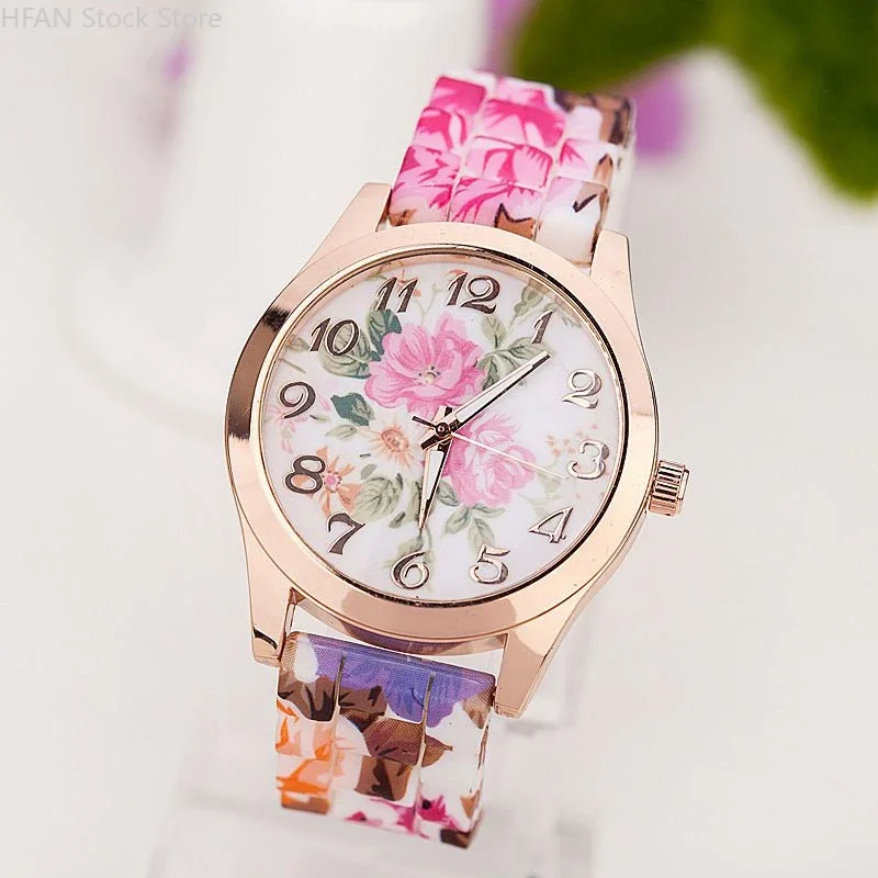 Casual Fashion Watch Printed Silicone Strap Clock Luxury Quartz Ladies Watches Women Flower Pattern Multi-Color Wristwatch Reloj