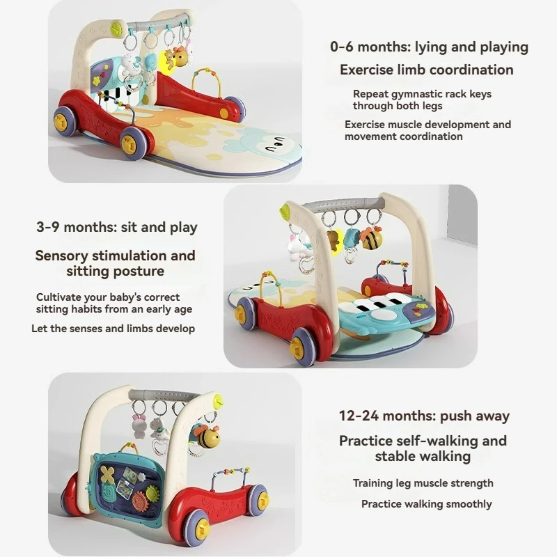 Baby Walker 4 in 1 Fitness Frame with Music & Light Early Education Baby Trolly Fitness Rack Pedal Piano Toy for Newborn Infants