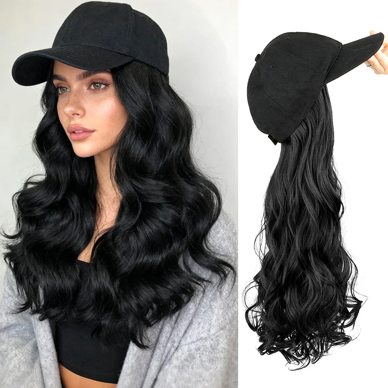20Inch Synthetic Long Curly Hat Wig Baseball Cap Black Brown Hairpiece Adjustable Hat Wigs for Women