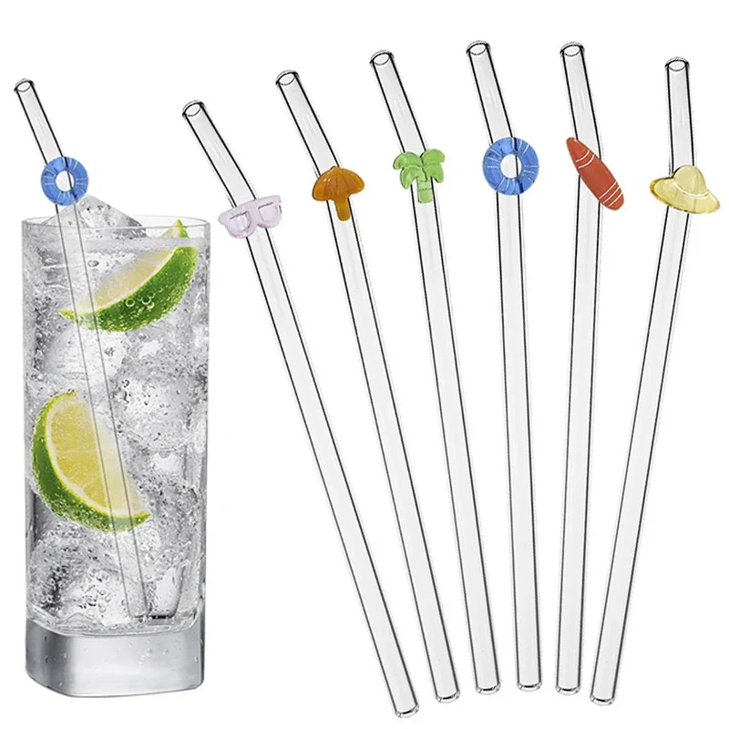 

4Pcs Summer Vacation Glass Straw Milk Tea Juice Cocktail Straw with Brush High Borosilicate Glass Straw Set Bar Accessories