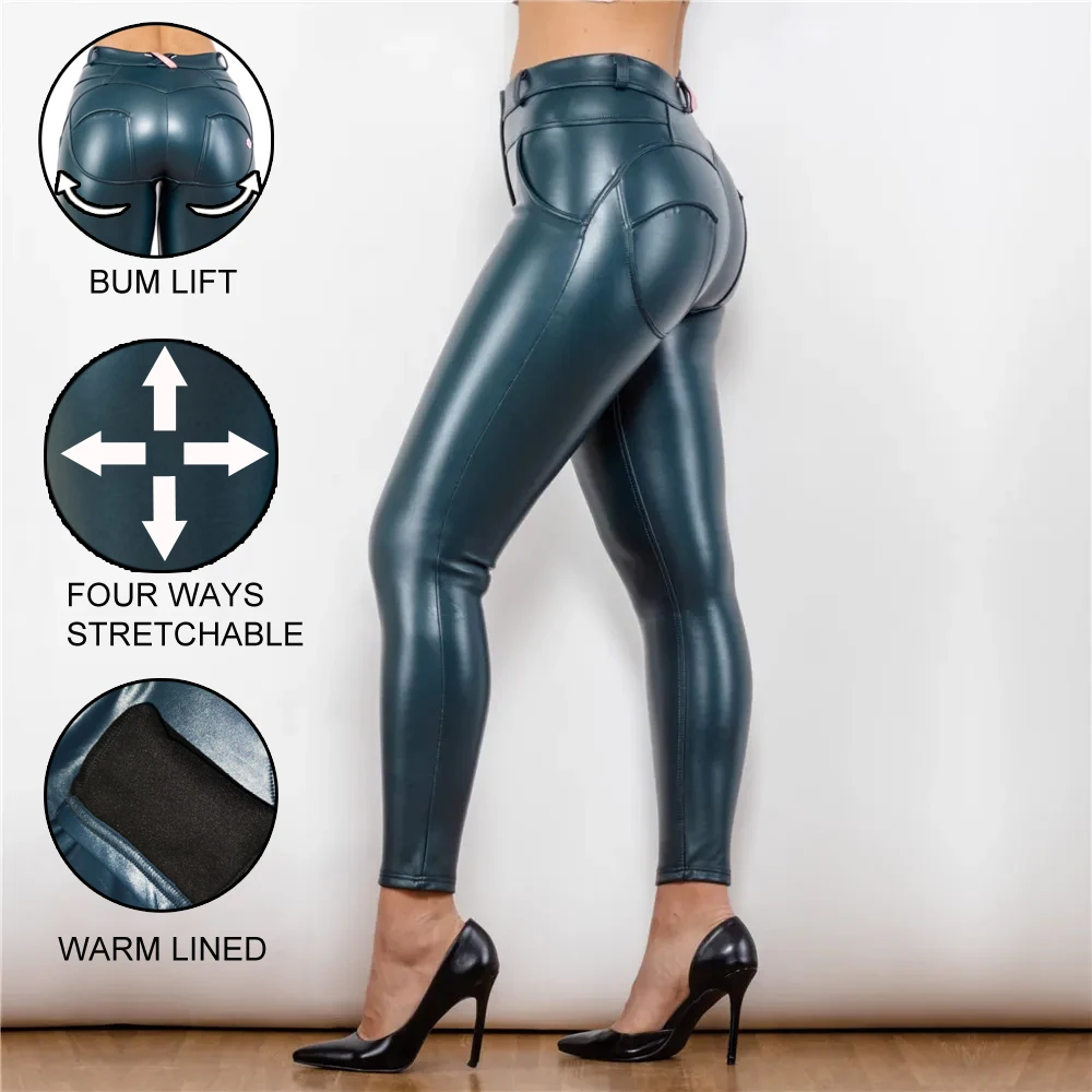 Shascullfites melodia meados de cintura leggings látex couro azul senhoras calças melhor shapewear deslizamento fitness empurrar para cima calças de