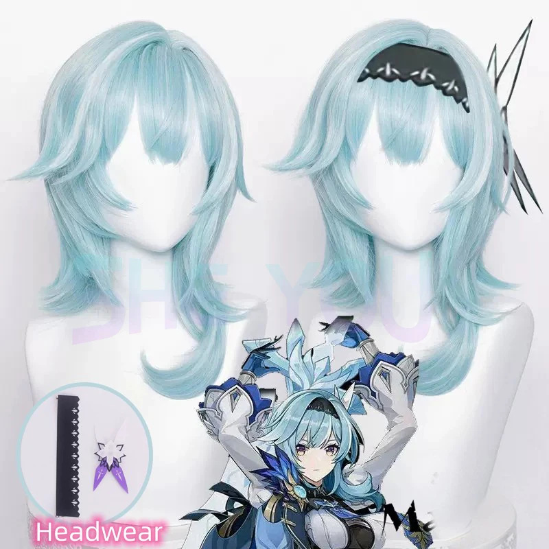 

Genshin Impact Eula Cosplay Wig Women 48cm Short Wig Blue Wig Cosplay Anime Cosplay Wigs Heat Resistant Synthetic Wigs Halloween