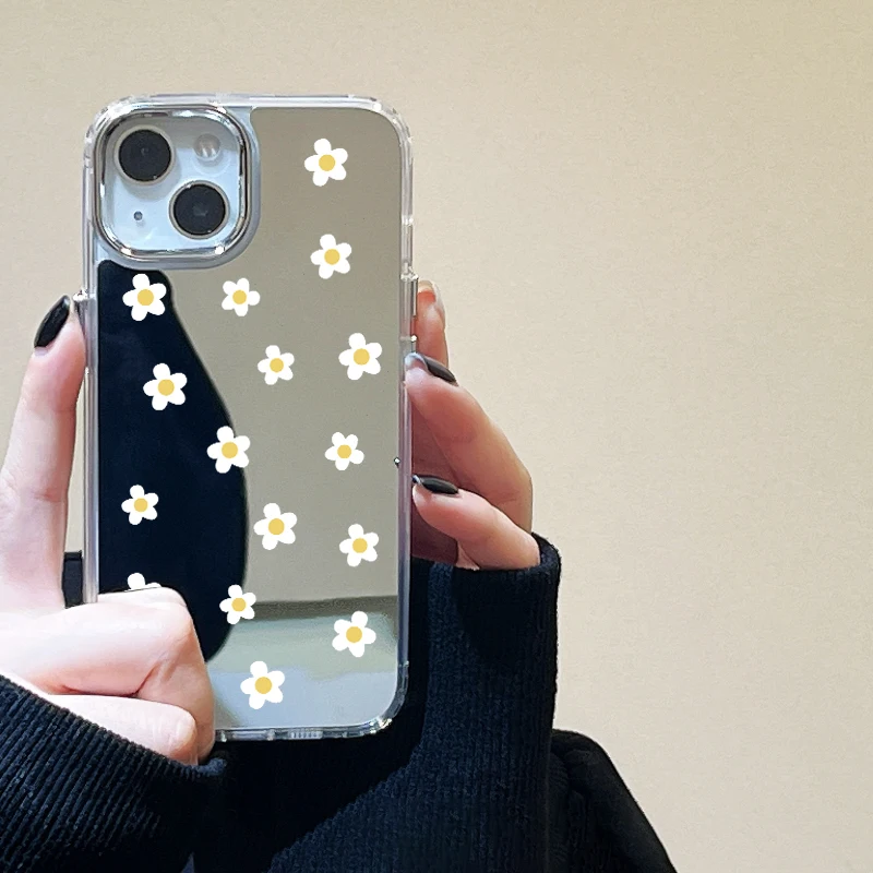 Small Flower Case For iPhone 15 14 12 11 13 Pro Max X XR XS Max Makeup Mirror Shockproof Phone Case