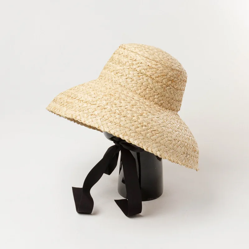 USPOP Retro Flat Top Drooping Brim with Straps Hand-woven Raffia Straw Hat for Women Parent-child  Beach Straw Hat  Two Size