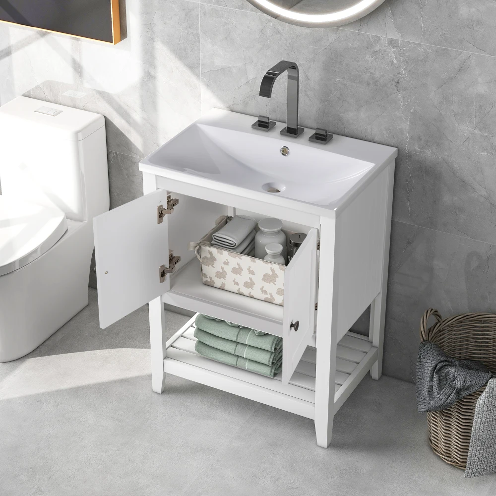 

24" White Modern Sleek Bathroom Vanity Elegant Ceramic Sink with Solid Wood Frame Open Style Shelf Bathroom Vanity Cabinet Sink