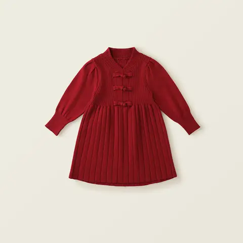 Girls' Red Knitted Long Sleeve Dress 2024 Winter New Chinese Style for Baby Girls Celebrating Chinese Red New Year's Dress