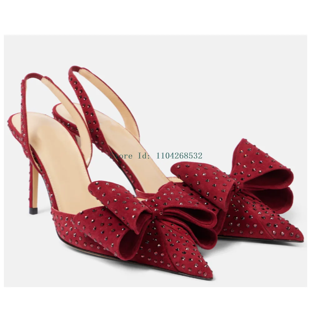 Rivet crystal Red Butterfly Knot High Heels Sexy Pointed Toe Stiltetto Silp On New Arrivals Handmade Fashion Lady Dress Slides