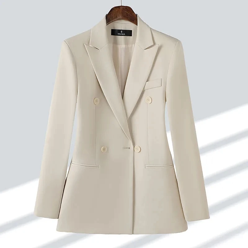 New Women Autumn Winter Outwear Blazer Blue Apricot Coffee Black Female Long Sleeve Double Breasted Blazers Jacket Ladies Coat
