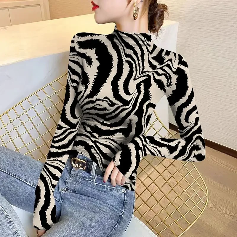 

Pullover Geometric Printed Long-sleeved Bottoming Half Turtle Neck T-shirt Women's Slim Leopard Print Top