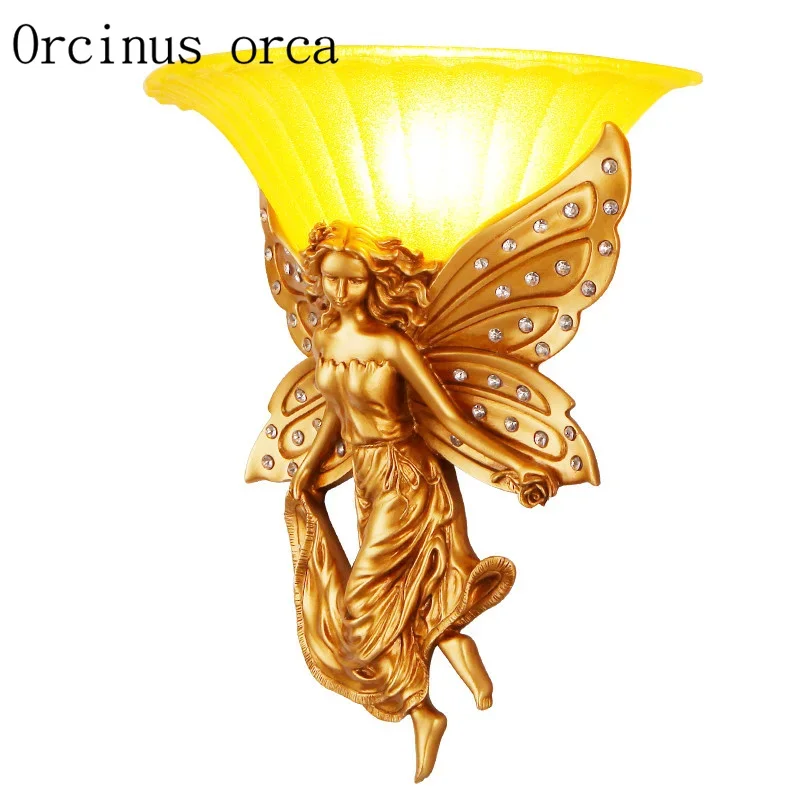 European style Angel Crystal lamp bedroom living room background wall corridor creative LED resin carved wall lamp