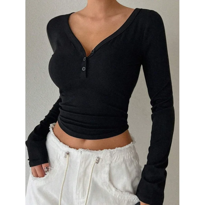 Partial Button Up Curved Hem Long Sleeve Tee Women,Back To School Clothes