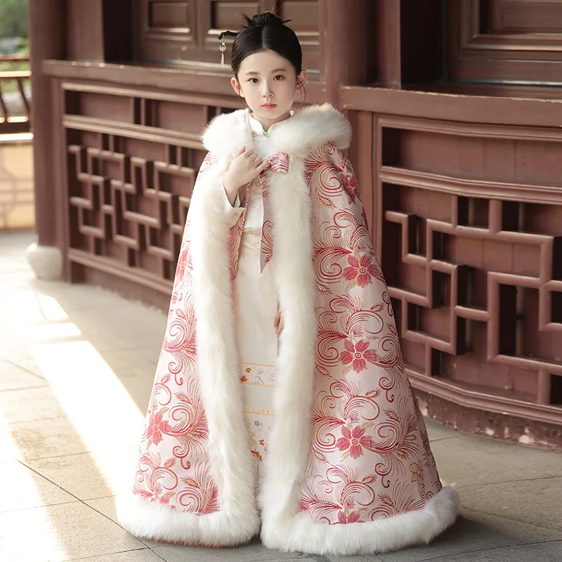 Kids Costume Pink Hanfu Cloak Winter Thick Vintage Warm Chic Embroidery Hooded Cape Coat Oriental Ancient Girl Children Overcoat