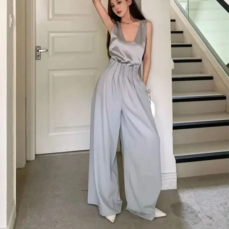 French design suit, temperament satin camisole women's summer pleated wide-leg casual pants two-piece set