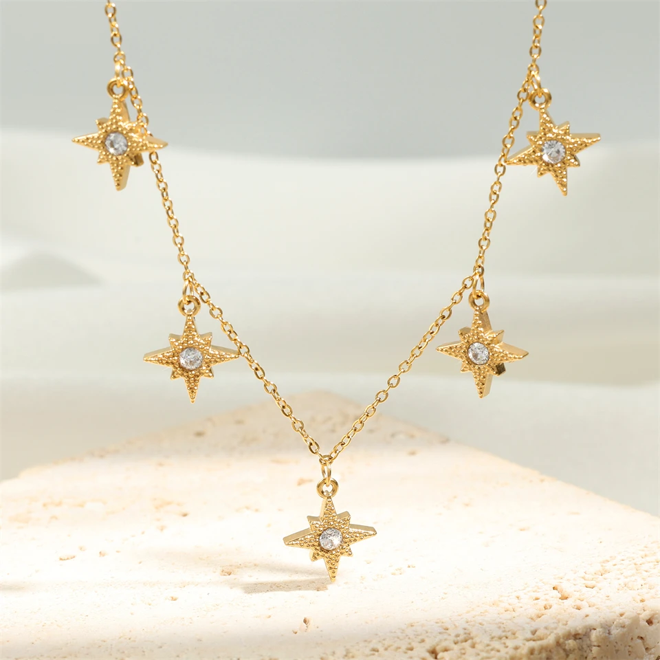 Fashion Five Eight-pointed Star Cubic Zirconia Stainless Steel Necklaces For Women Gold Color Necklace Party Daily Jewelry