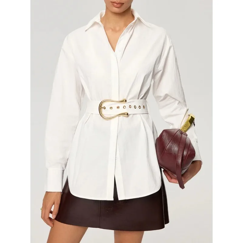 Tinaa White Button-Down Shirt for Women 2026 Stylish Turn Down Collar Long Sleeve Gold Belted Urban Commute Blouses 197746