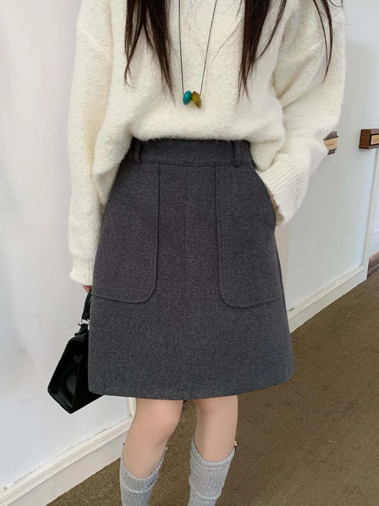 

Retro Woolen Skirt with Large kets Women's High Waist A-Line Skirt Anti-Light Walking f Body Skirt Slimming Versatile