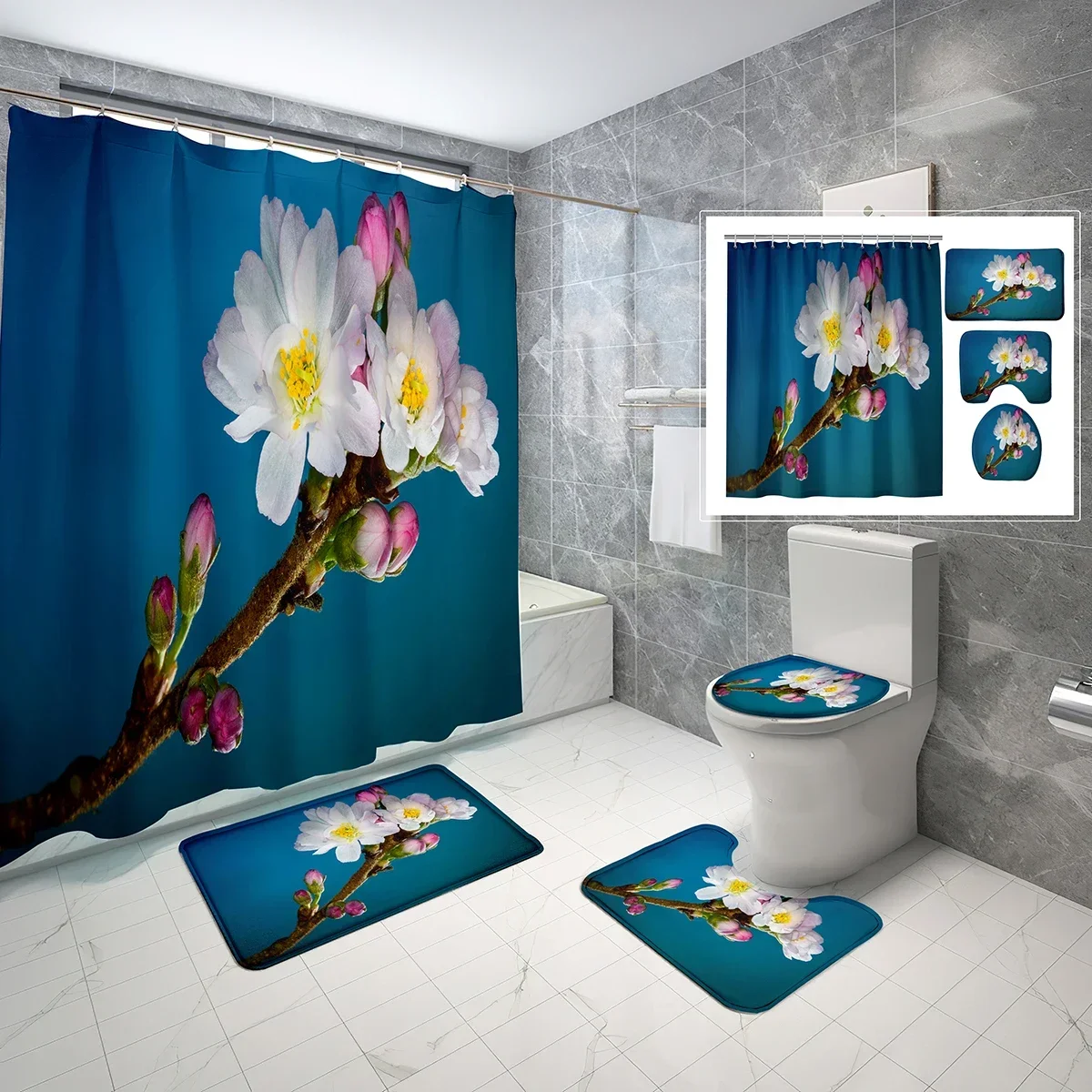 4 Pcs Flower Theme Shower Curtain Sets Spring Botanical Flowers Non-Slip Bath Mat Toilet Cover Waterproof Shower Curtain Set