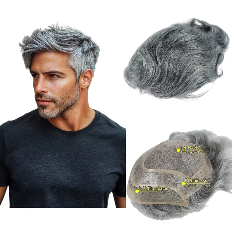 نظام الشعر للرجال قاعدة شعر بشري أحادية 8 × 10 بوصة مع دانتيل رمادي مع Pu 1B20 1B80 # 7 # 613 1BT60 لخط الشعر الواقعي #1
