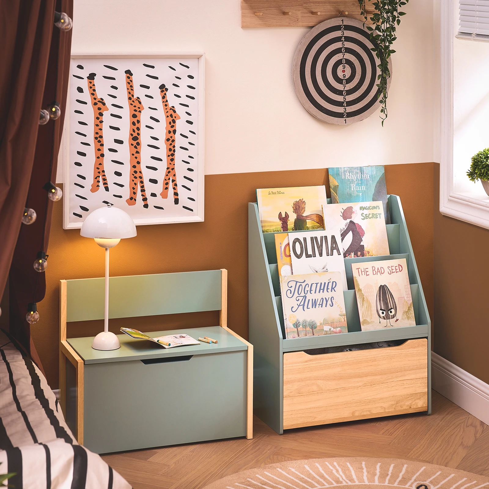 SoBuy KMB95-GR Estantería infantil con 4 estantes y cofre de juguetes extraíble Verde Natural BHT aprox. 62x80x30cm