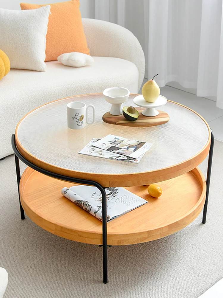 Round glass coffee table, log wrought iron, Japanese style double-decker coffee table