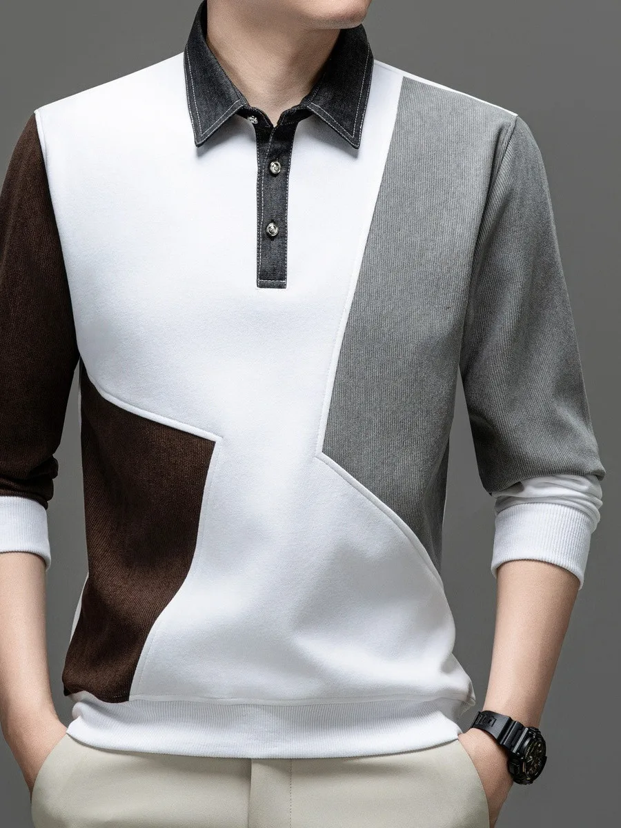Fashionable Long Sleeve Hoodie for Men Autumn New Style Splice Color Contrast Base Shirt Collar Versatile Stylish Men's T-shirt
