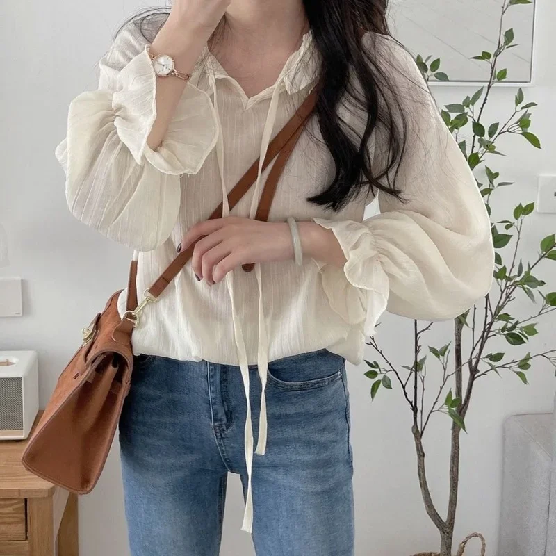 

Блузки женские шифоновые на шнуровке с расклешенными рукавами свободные элегантные милые с бантом базовые однотонные простые модные женские топы для отдыха в корейском стиле