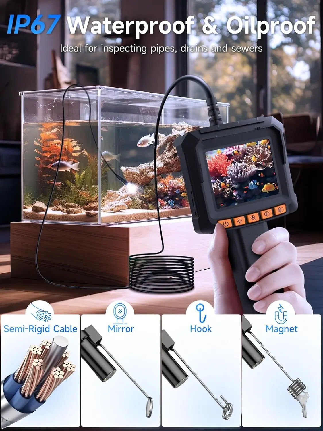 مومان لأنابيب الصرف الصحي السيارات EOS1 Borescope 1080P HD كاميرا التفتيش مع 2.4 "IPS شاشة 16.4ft كابل شبه صلب IP67 مقاوم للماء