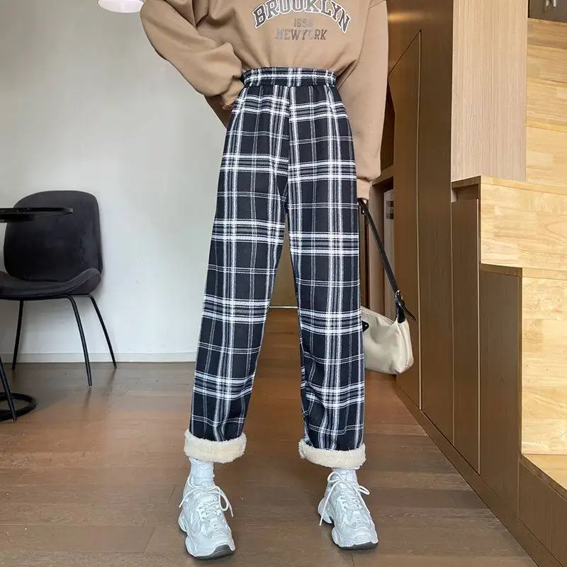 LF Fashion Warm Plush Pants Cashmere Thick Plaid Ladies Winter Casual Loose Wide-legged Pants Korean Streetwear Students Women's