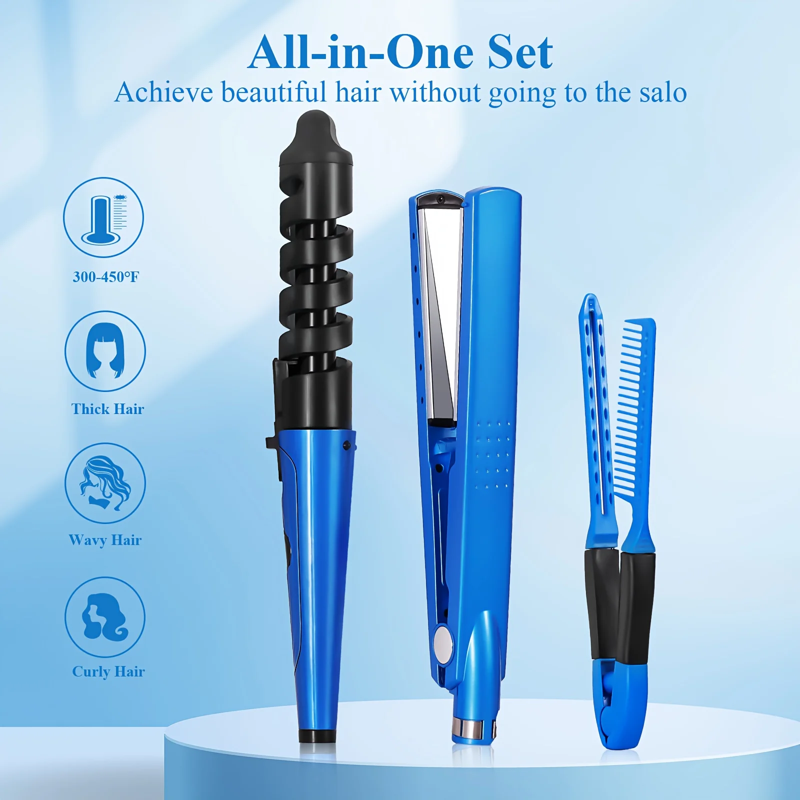 طقم تصفيف الشعر الأزرق مكون من 3 قطع - فرشاة مكواة تجعيد الشعر على شكل حرف V، تسخين سريع، صديقة للسفر، هدية عيد الحب للأمهات #3