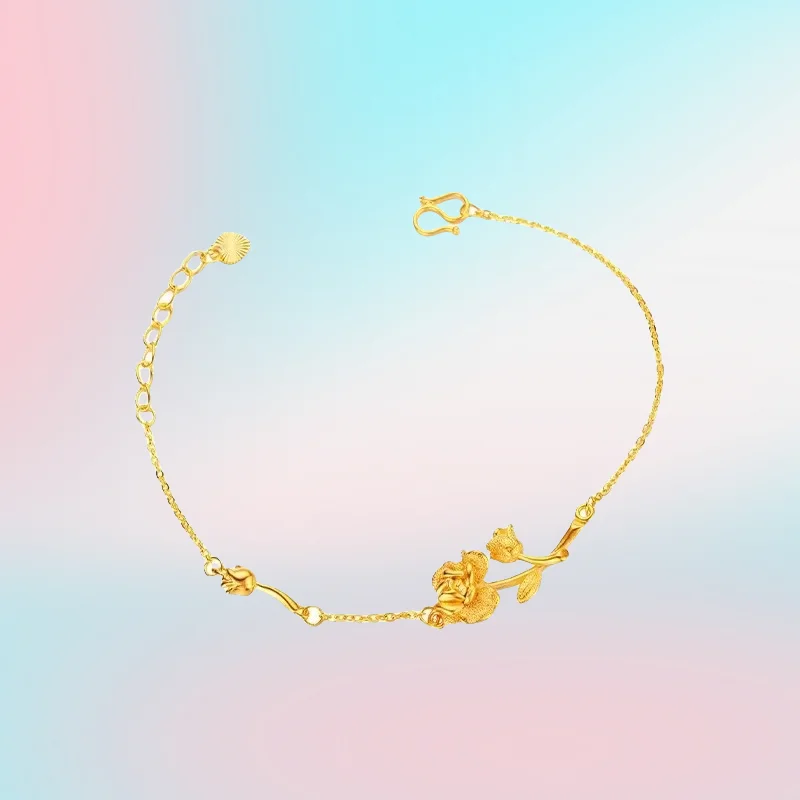 

NEW 9999 Real Gold 24K Niche Premium Sunset Rose Bracelet Gold Romantic Rose Women's Bracelet