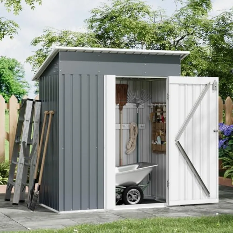 Outdoor storage shed for garden tools, galvanized metal construction, gray finish, rust-resistant and weatherproof