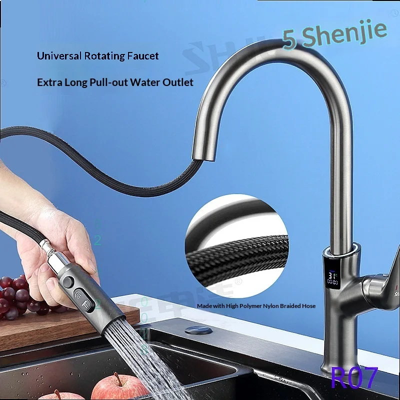 Full Brass Gun Grey Pull Out Kitchen Faucet Digital Display Hot Cold Mixer Tap