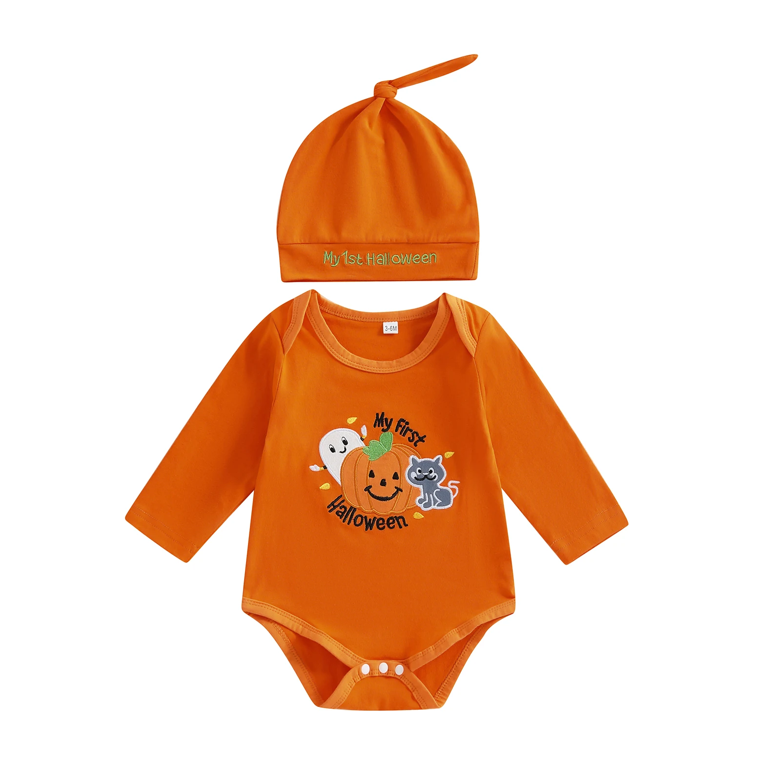 

Baby Boy Halloween Romper Casual Pumpkin Embroidery Long Sleeve Jumpsuit and Hat for Infant Toddler Cute Outfit