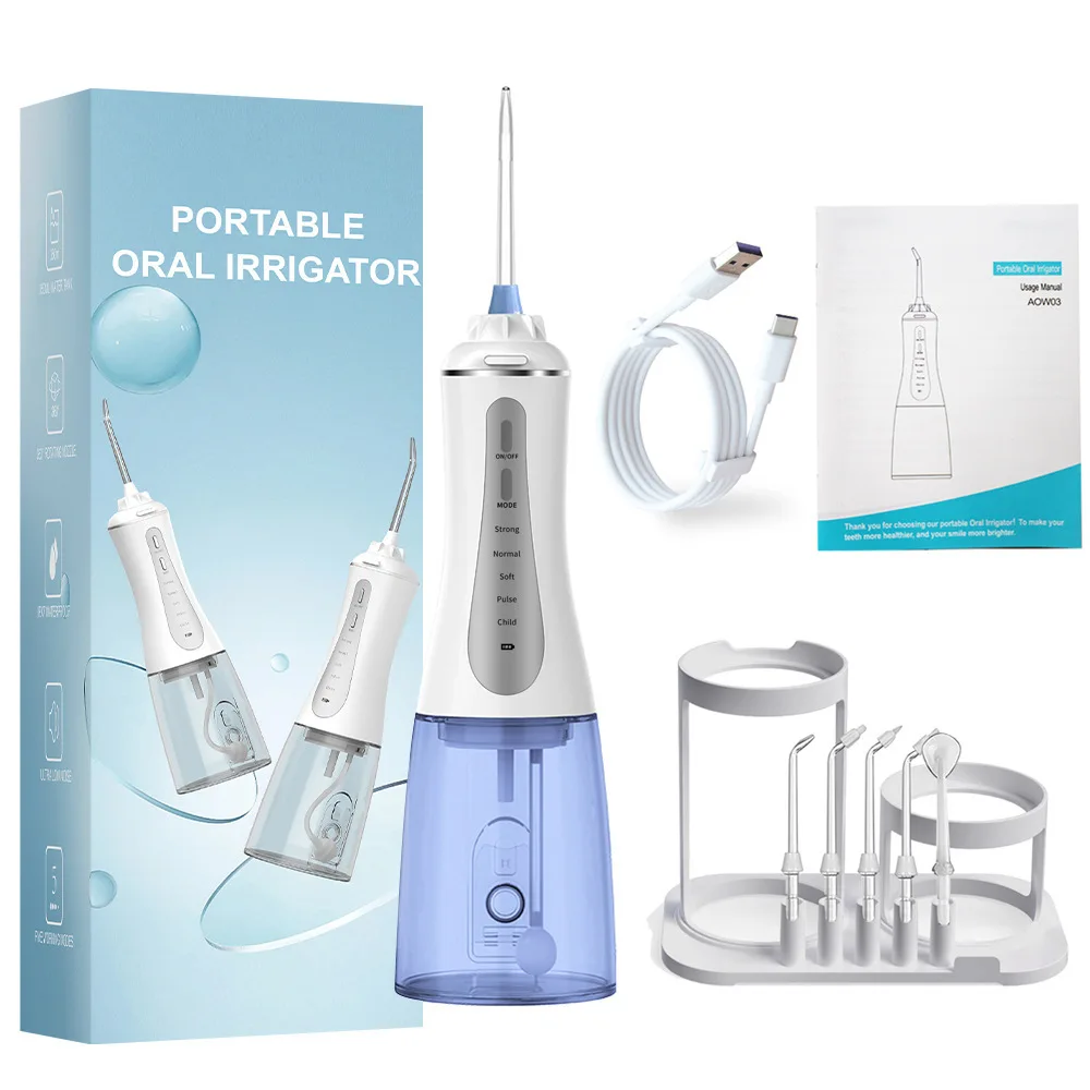 Portable Oral Irrigator Dental Water Flosser for Teeth Whitening Waterproof Rechargeable 5 Cleaning Mode 350ml Water Tank 6 Tips