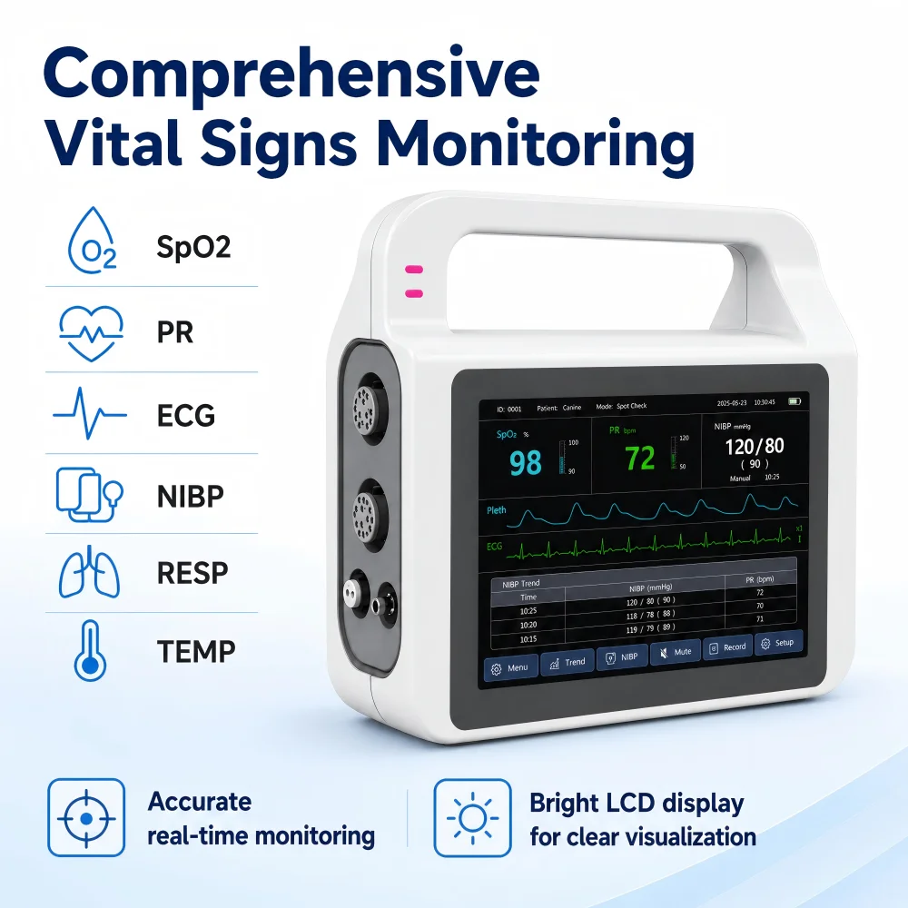 【Hot】High Accuracy Handheld Veterinary Monitor Portable Multi-Parameter Monitor with Alarm Battery Trend Analysis